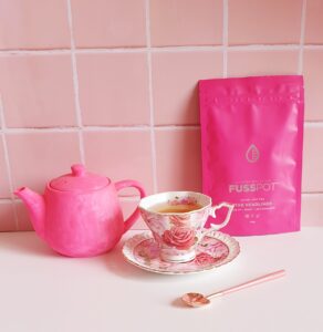 Fusspot Collagen Beauty Tea loose leaf tea and teacup